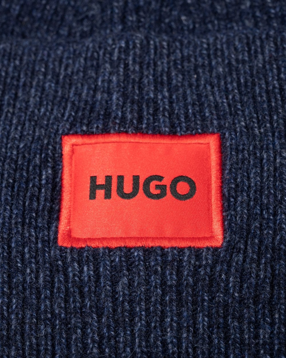HUGO Xaff 6 Mens Knitted Beanie Hat With Ribbing and Red Logo Label - Navy 411