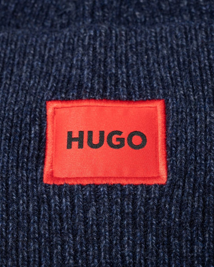 HUGO Xaff 6 Mens Knitted Beanie Hat With Ribbing and Red Logo Label - Navy 411