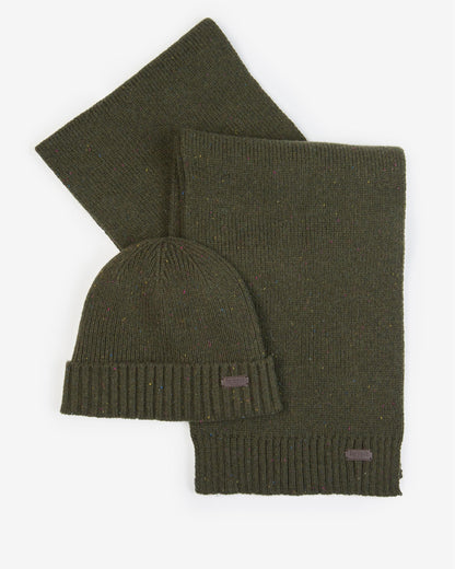 Barbour Carlton Fleck Beanie & Scarf Mens Gift Set - Olive