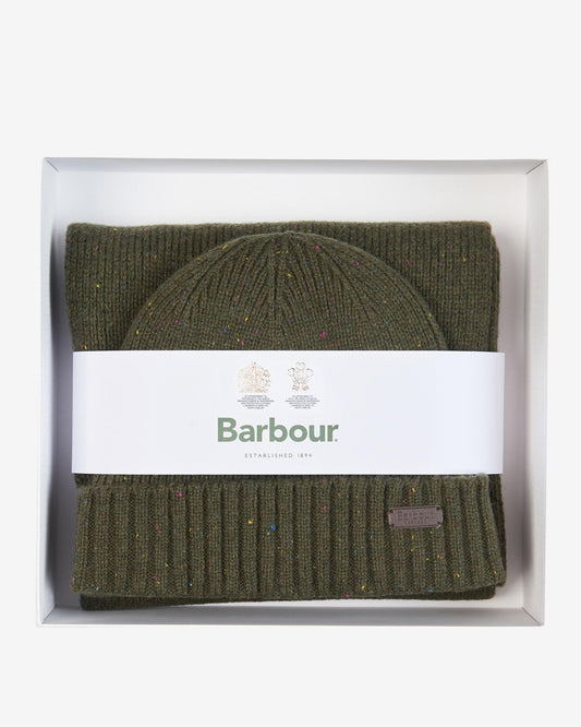 Barbour Carlton Fleck Beanie & Scarf Mens Gift Set - Olive