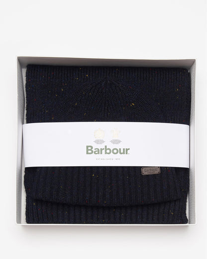 Barbour Carlton Fleck Beanie & Scarf Mens Gift Set - Navy