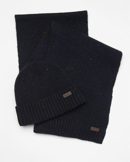 Barbour Carlton Fleck Beanie & Scarf Mens Gift Set - Navy