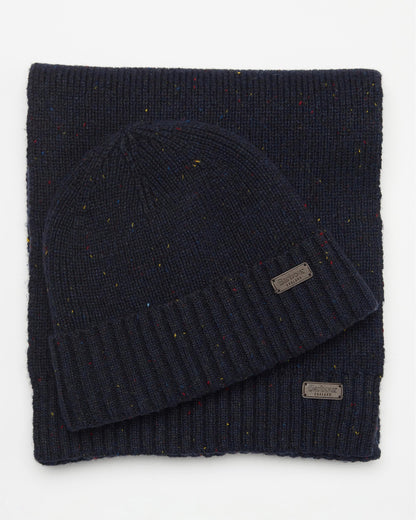 Barbour Carlton Fleck Beanie & Scarf Mens Gift Set - Navy
