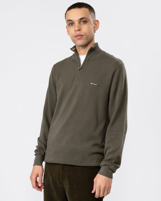 GANT Mens Cotton Pique Half Zip Jumper - 301 Juniper Green
