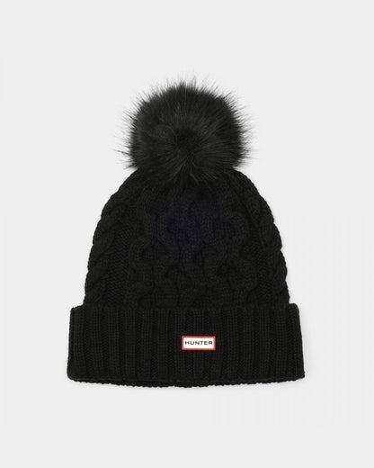 Hunter Unisex Cable Knit Beanie With Pom - Black