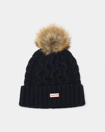Hunter Unisex Cable Knit Beanie With Pom - Meadow Navy