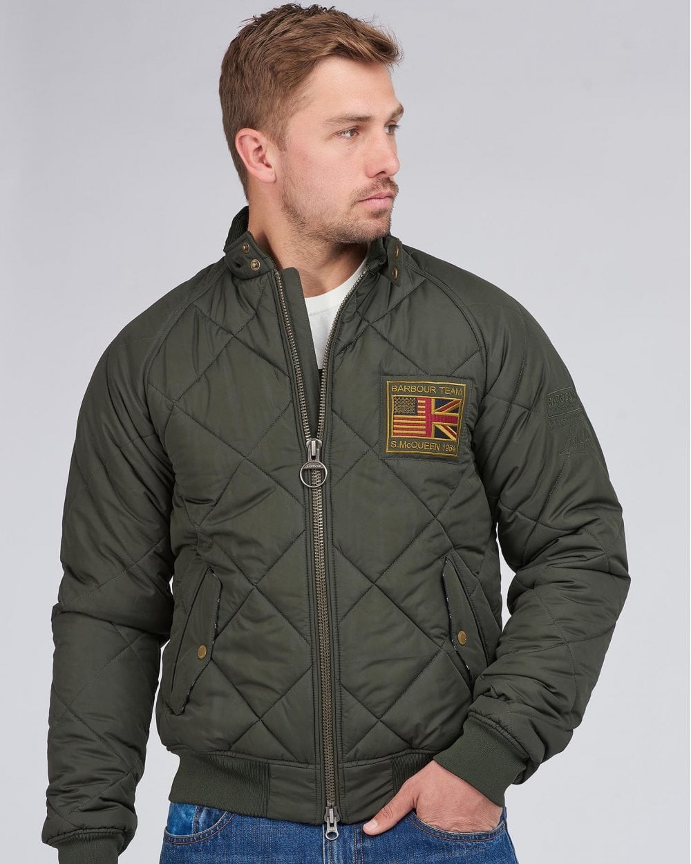 Barbour International Quilted Merchant Mens Jacket - Sage - CHO - Designer Mens Padded Jackets