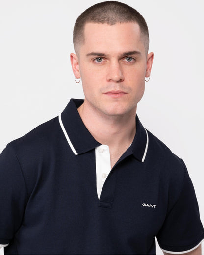GANT Mens Tipped Short Sleeve Pique Polo - 433 Evening Blue