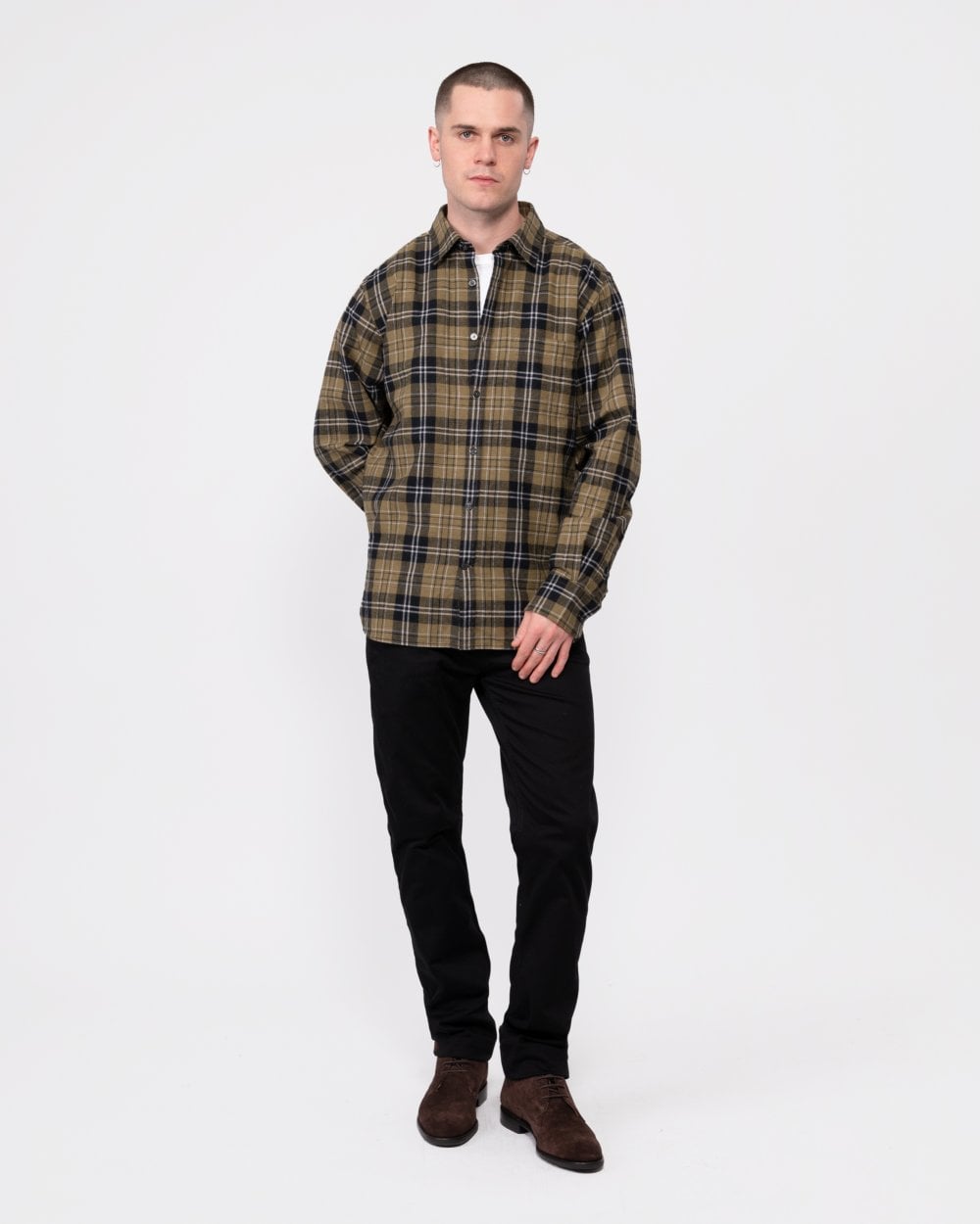Oliver Sweeney Censo Mens Long Sleeved Brushed Cotton Shirt - Khaki Check