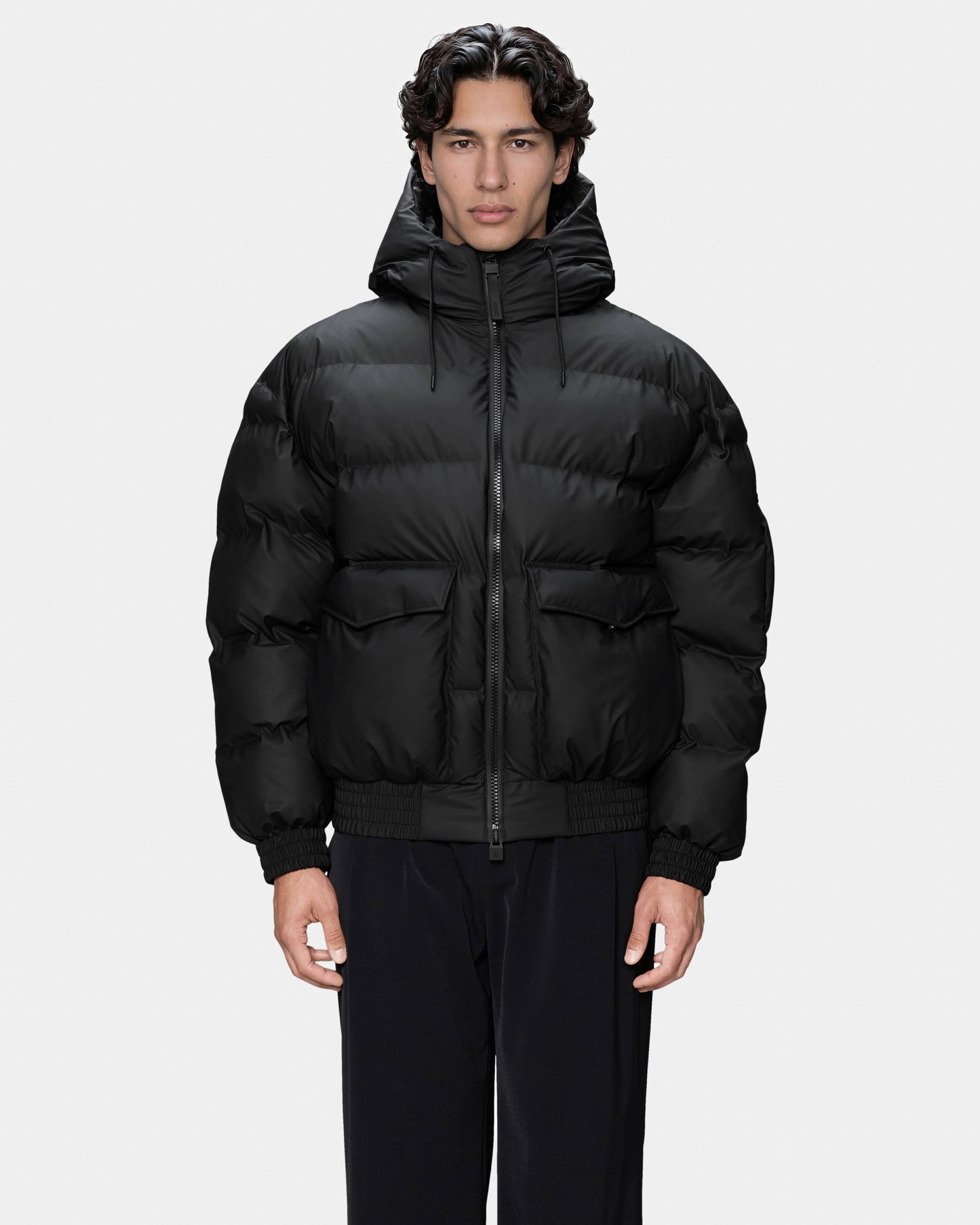 Rains Alta Bomber Puffer Jacket - 01 Black. Front.