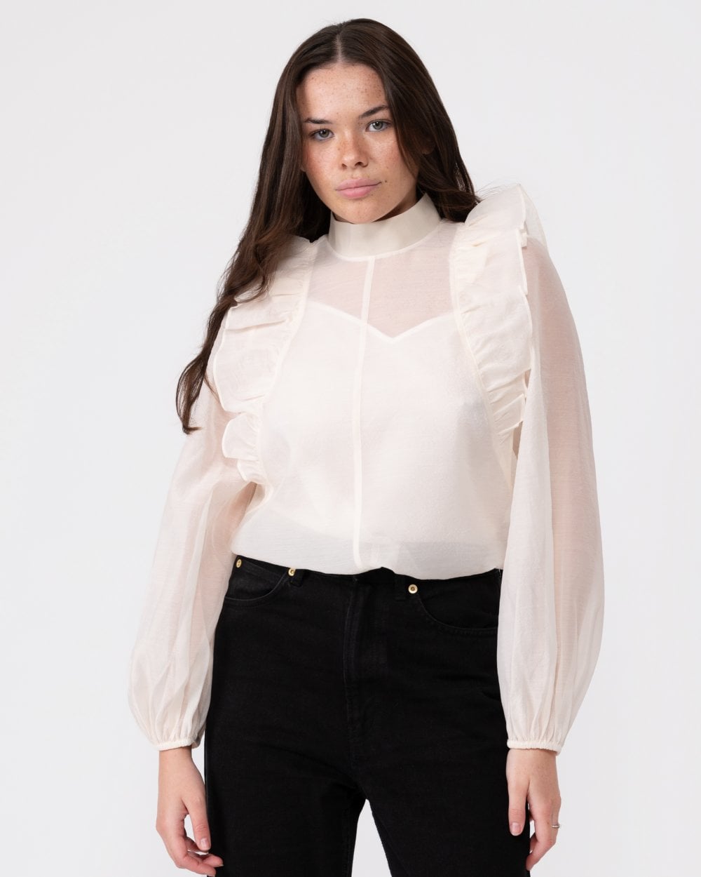 Aubreei Knit Rib Collar Top Balloon Sleeves