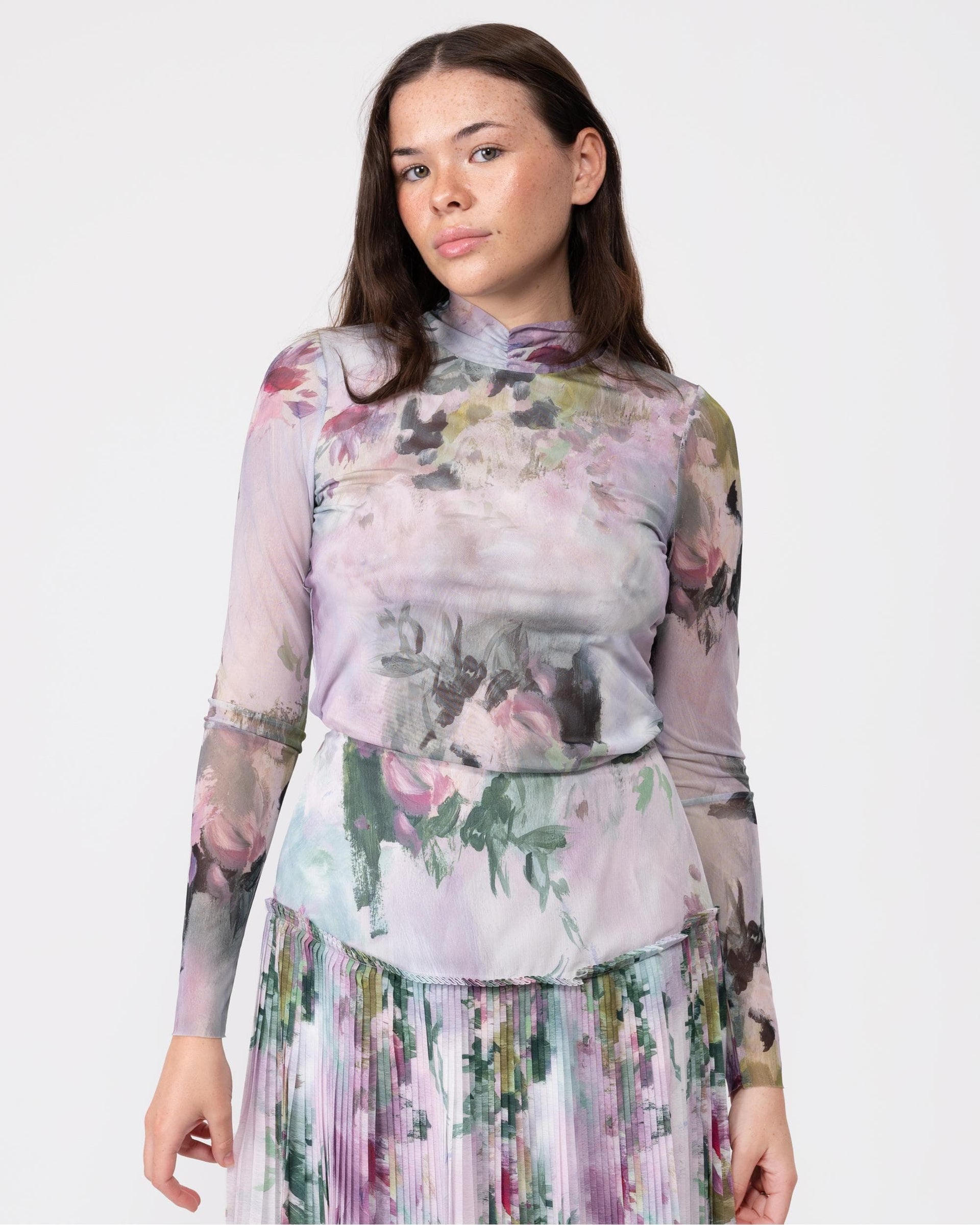 Jasmeee High Neck Printed Mesh Top