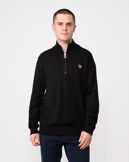 PS Paul Smith Mens Zip Neck Zebra Badge Sweater - 79 Black - CHO - Designer Mens Jumpers
