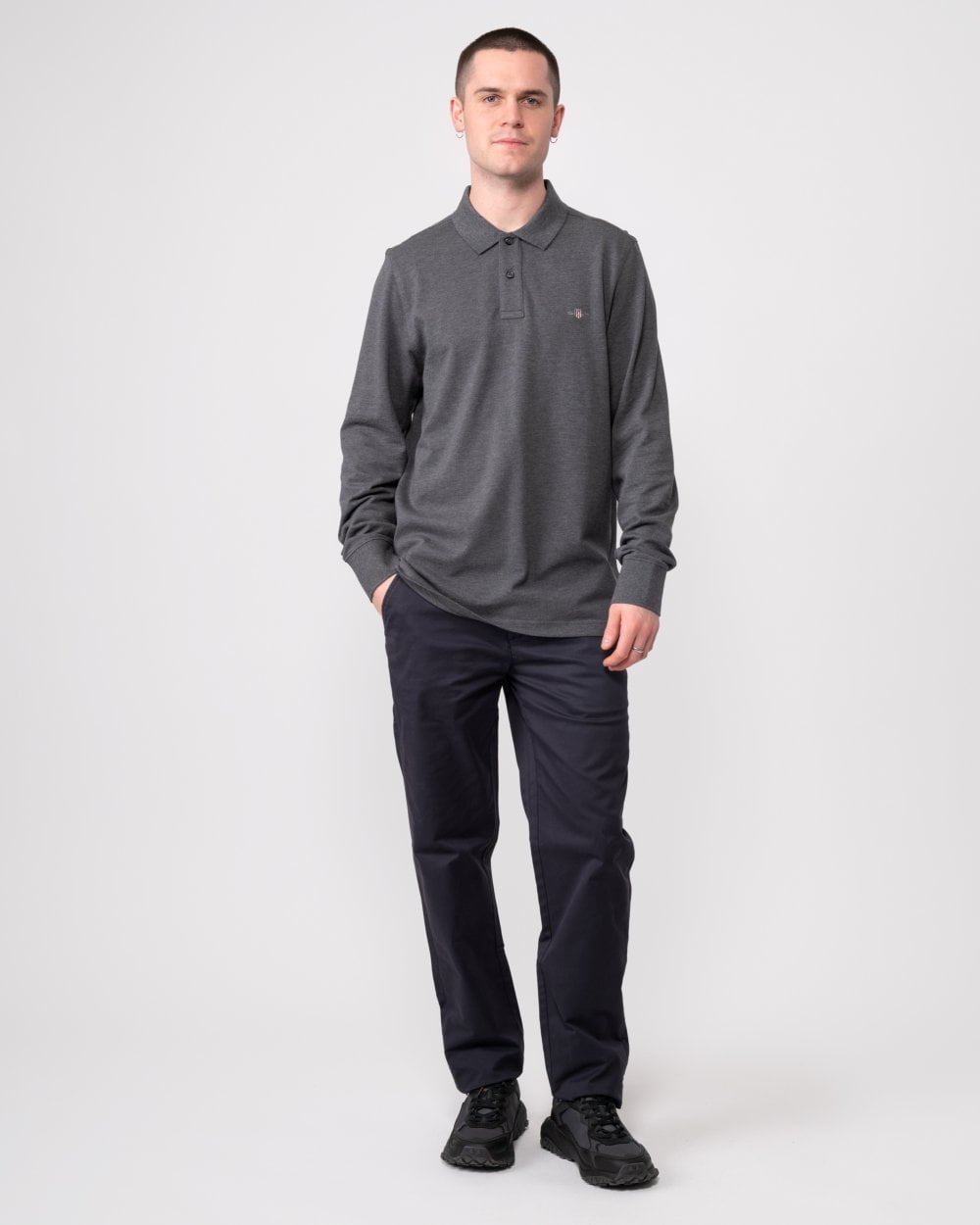 GANT Mens Regular Fit Long Sleeve Shield Logo Pique Rugger - 95 Anthracite Melange