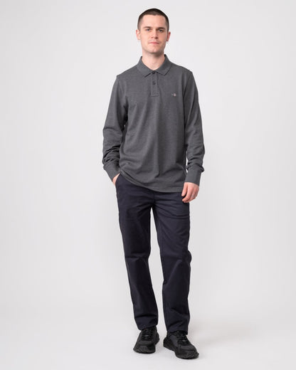 GANT Mens Regular Fit Long Sleeve Shield Logo Pique Rugger - 95 Anthracite Melange