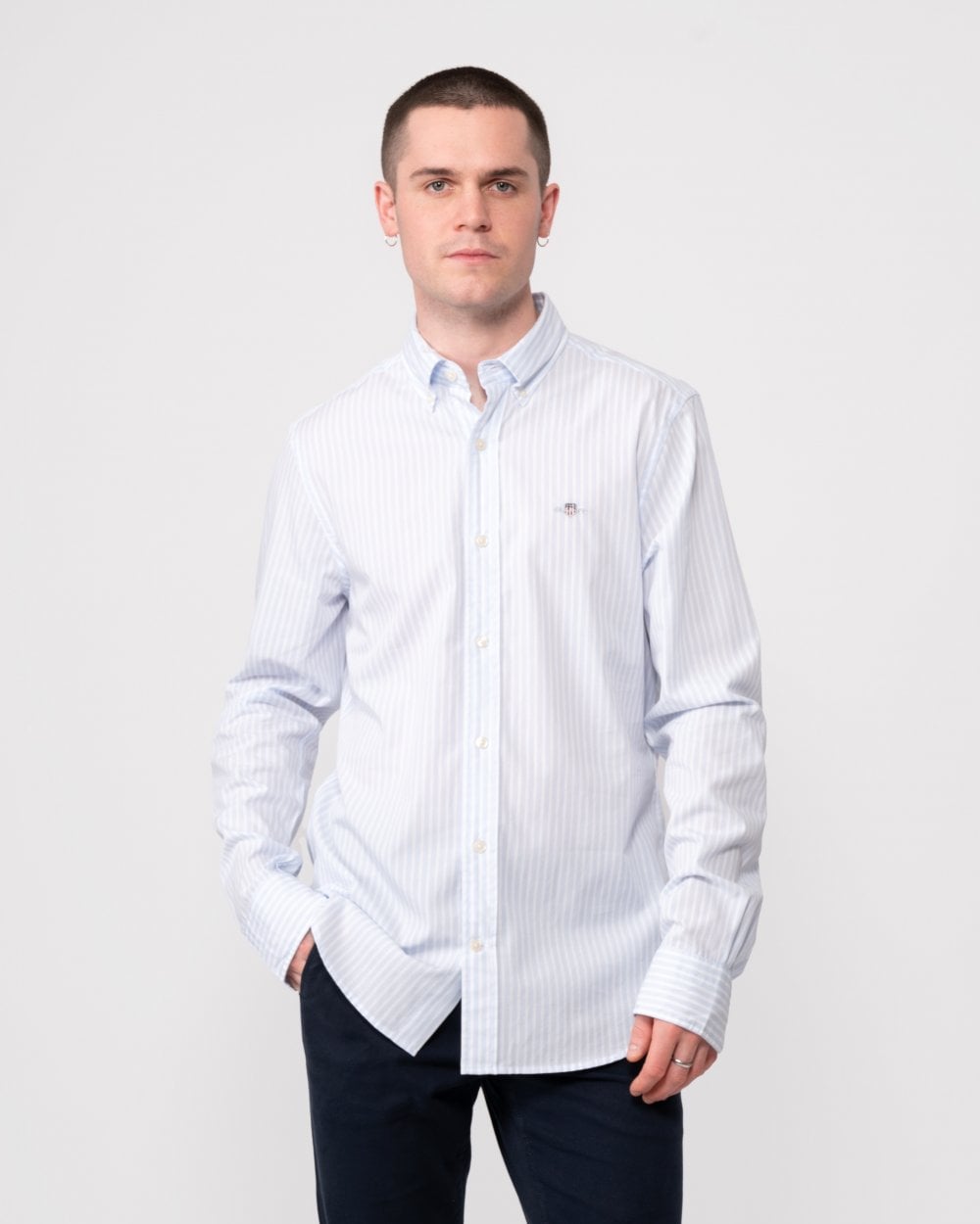 GANT Mens Slim Fit Striped Poplin Shield Shirt - 455 Light Blue