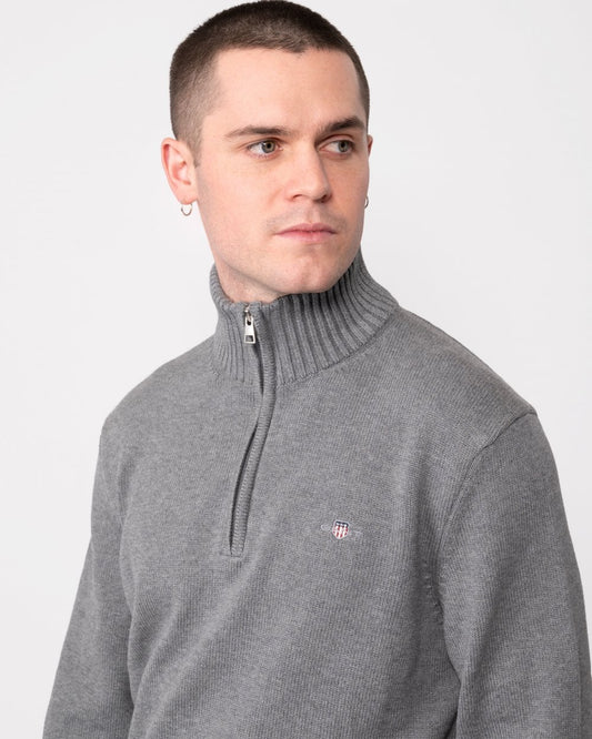 GANT Mens Casual Cotton Half Zip Jumper - 92 Dark Grey Melange
