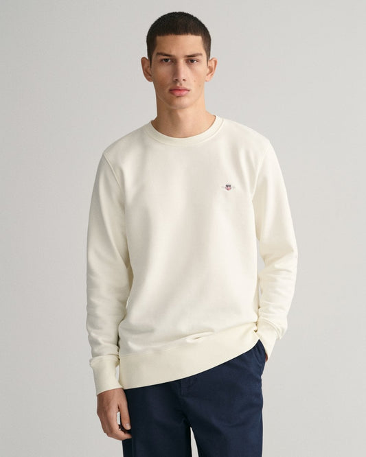 GANT Mens Regular Fit Shield Logo Crew Neck Sweatshirt - 113 Eggshell - CHO - Designer Mens Sweatshirts