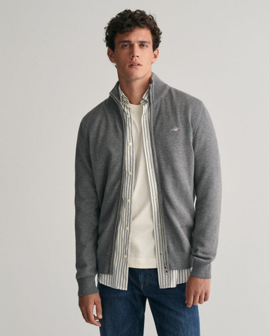 GANT Mens Casual Cotton Zip Cardigan - 92 Dark Grey Melange - CHO - Designer Mens Cardigans