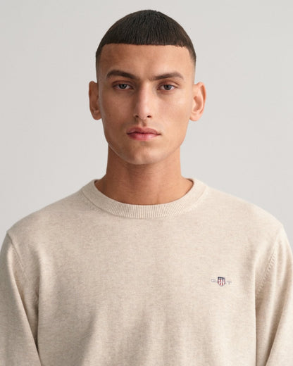 GANT Mens Classic Cotton Crew Neck Jumper - 291 Light Beige Melange