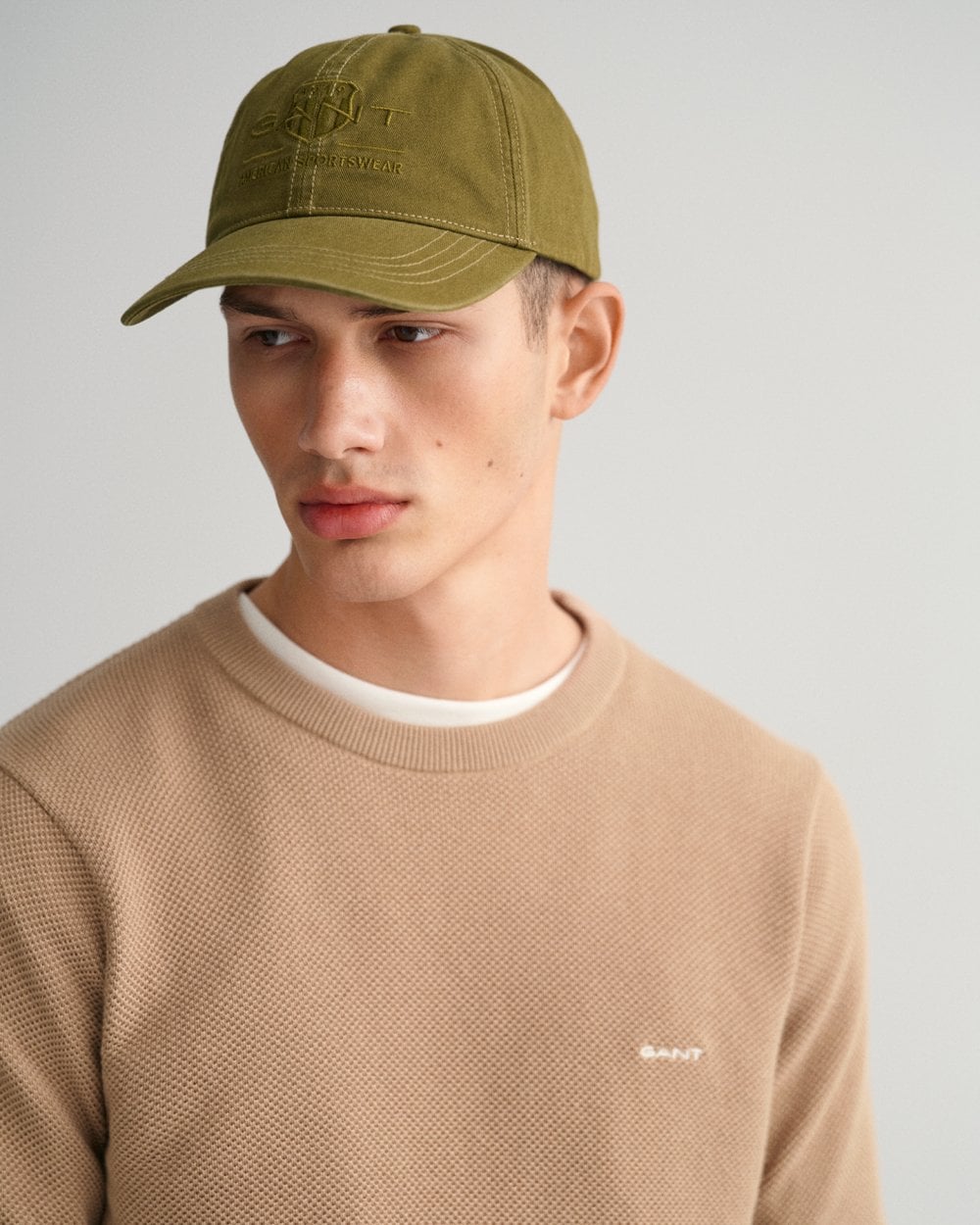 GANT Mens Cotton Pique Crew Neck Jumper - 248 Dark Khaki