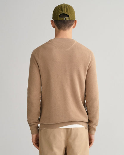 GANT Mens Cotton Pique Crew Neck Jumper - 248 Dark Khaki