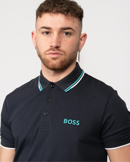 BOSS Green Paddy Pro Mens Cotton Blend Polo Shirt With Contrast Logos - Dark Blue 403