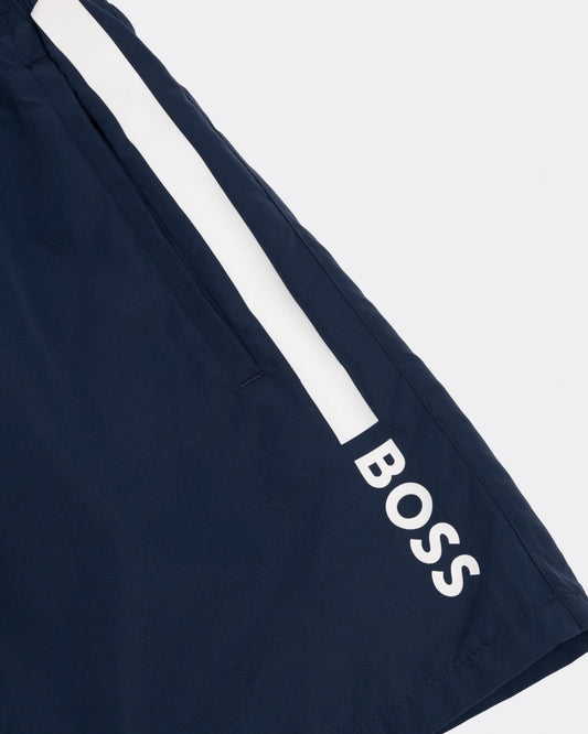 BOSS Orange Dolphin NOS Mens Quick-Drying Swim Shorts with Stripe and Logo - Blue 413