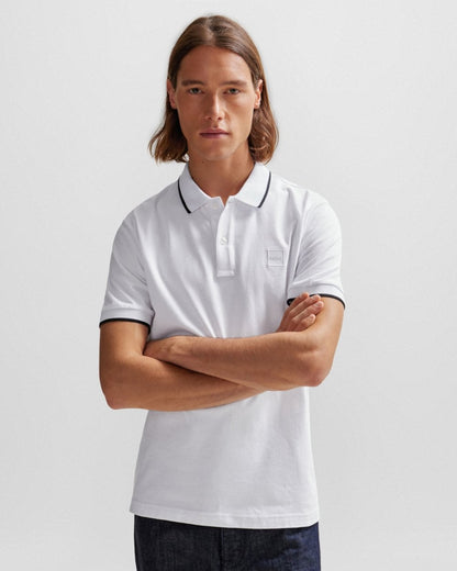 BOSS Orange Passertip Mens Short Sleeve Polo Shirt With Tipped Collar - White 100