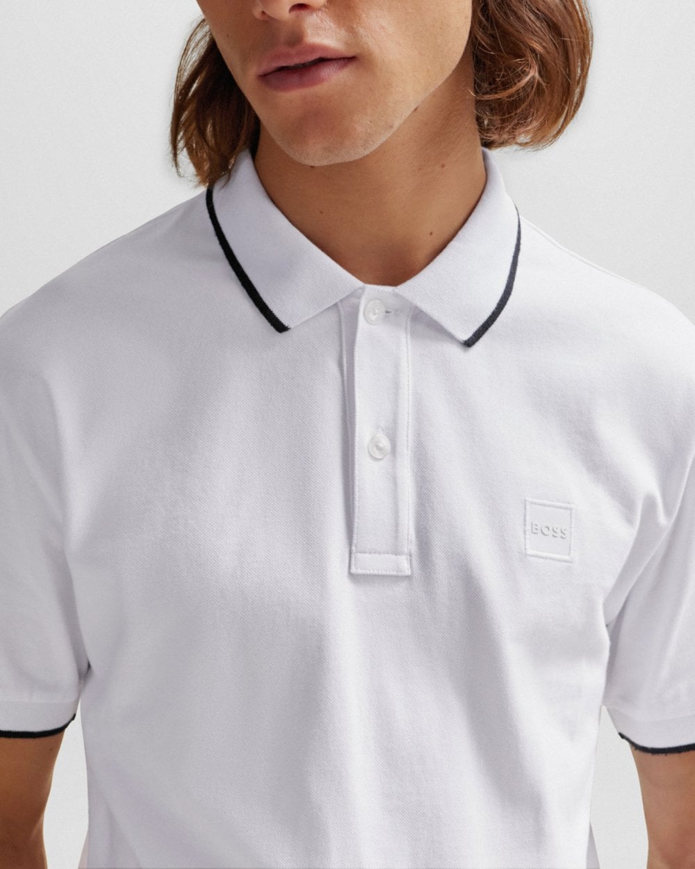 BOSS Orange Passertip Mens Short Sleeve Polo Shirt With Tipped Collar - White 100