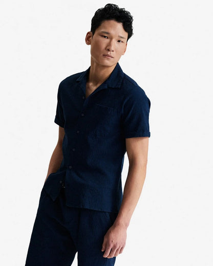 Oliver Sweeney Ravenshead Mens Cotton Seersucker Short Sleeved Shirt - Navy Stripe