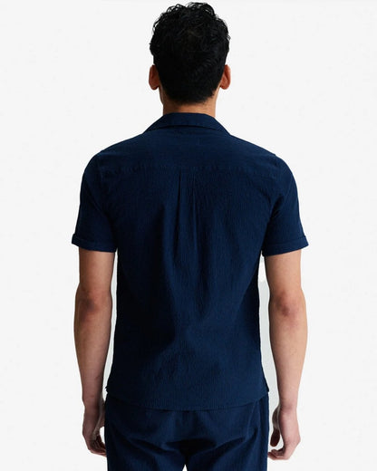 Oliver Sweeney Ravenshead Mens Cotton Seersucker Short Sleeved Shirt - Navy Stripe