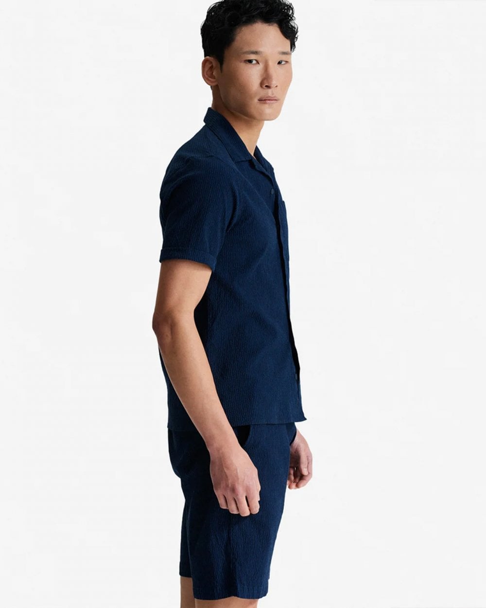 Oliver Sweeney Ravenshead Mens Cotton Seersucker Short Sleeved Shirt - Navy Stripe