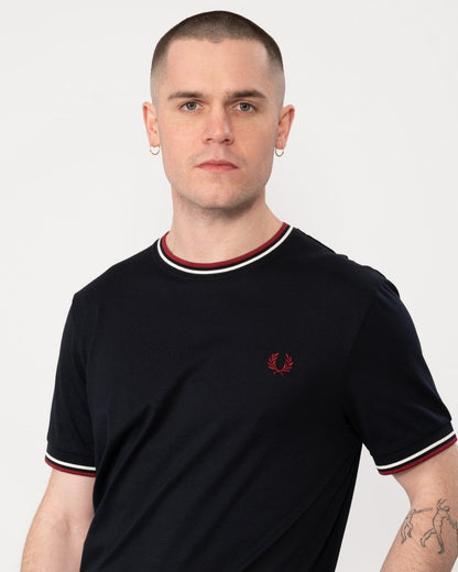Fred Perry Mens Twin Tipped T-Shirt - Navy/Snow White/Burnt Red T55