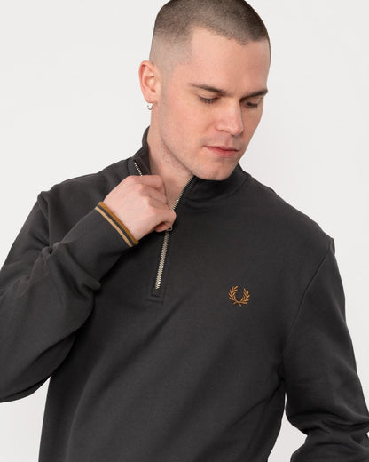 Fred Perry Mens Half Zip Sweatshirt - Anchor Grey/Dark Caramel V07