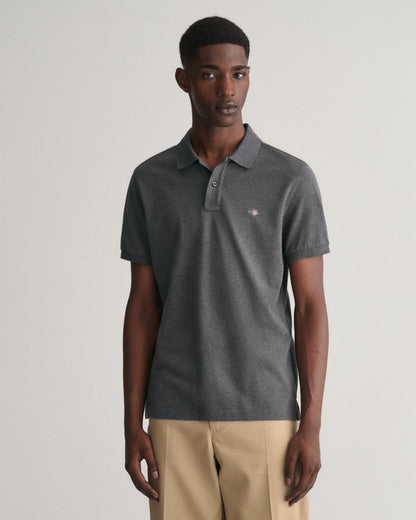 GANT Mens Slim Fit Short Sleeve Shield Logo Pique Polo - 95 Anthracite Melange