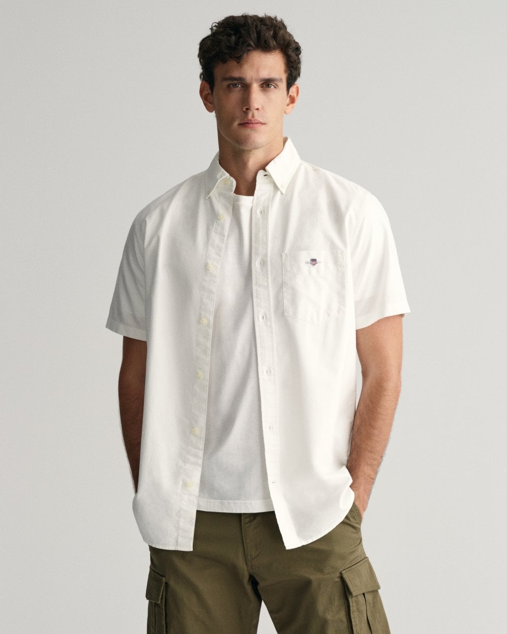 GANT Mens Regular Fit Short Sleeve Oxford Shirt - 110 White - CHO - Designer Mens Short Sleeve Shirts