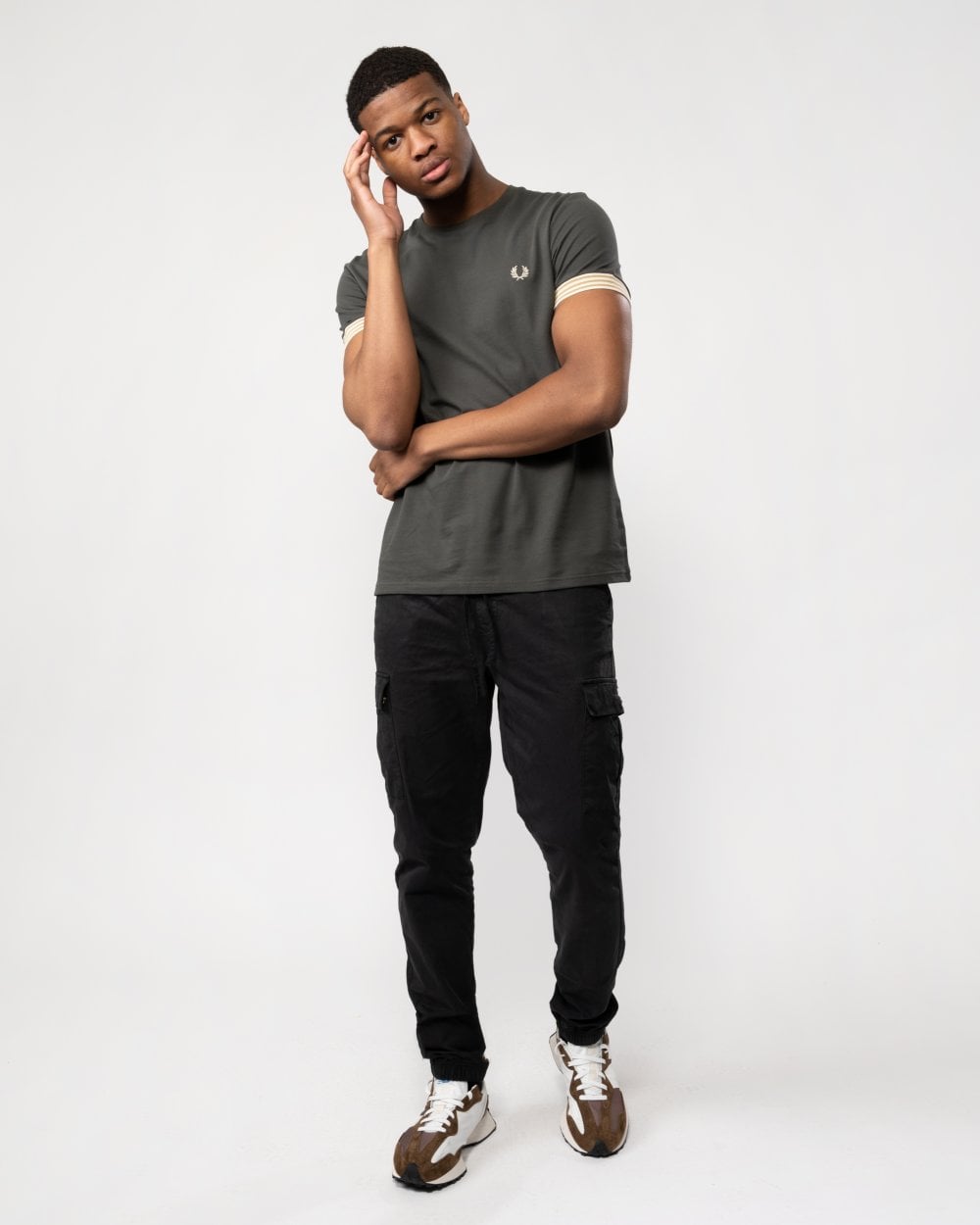 Fred Perry Mens Striped Cuff T-Shirt - Field Green 638