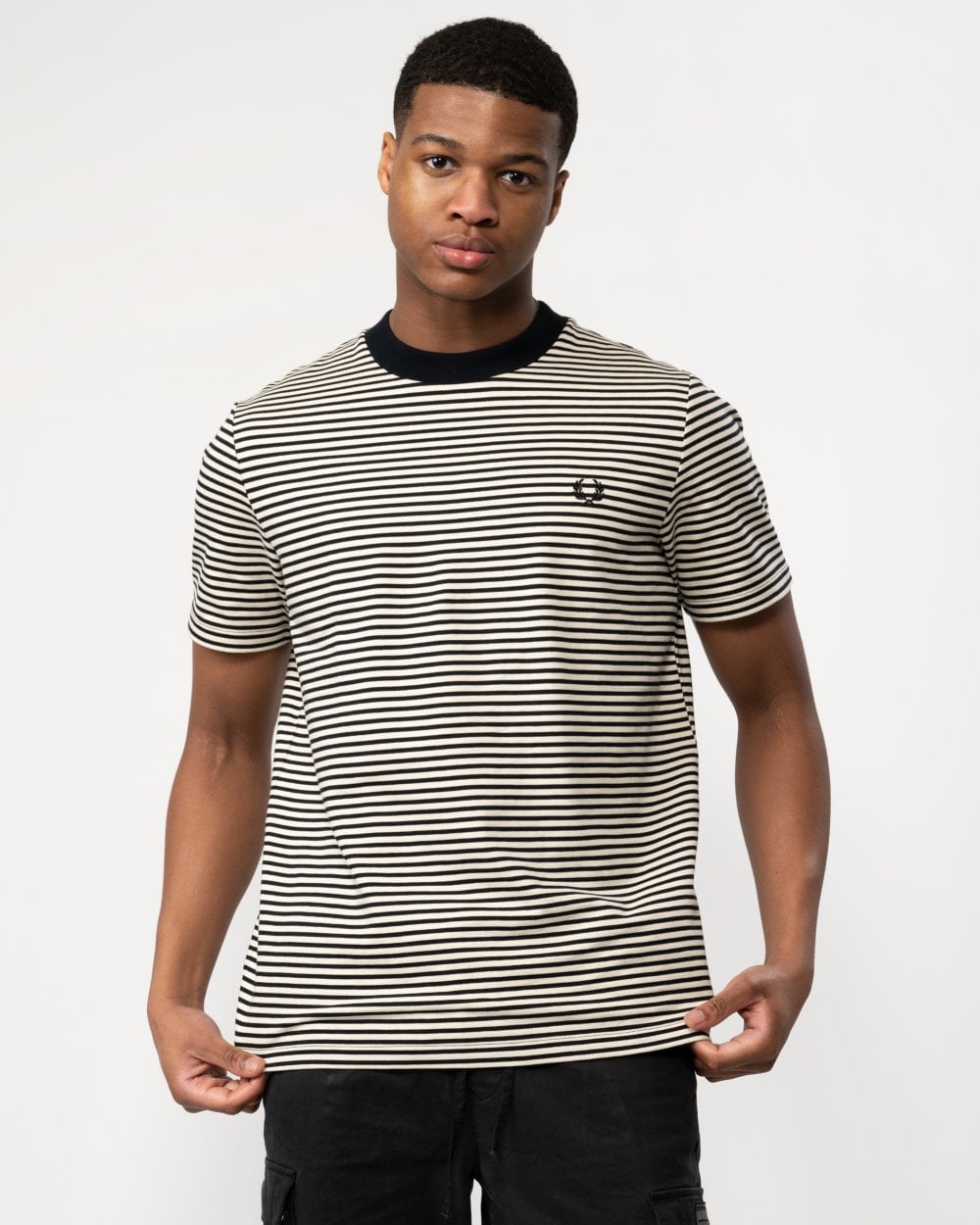 Fred Perry Mens Fine Stripe Heavyweight T-Shirt - Oatmeal/Black V54