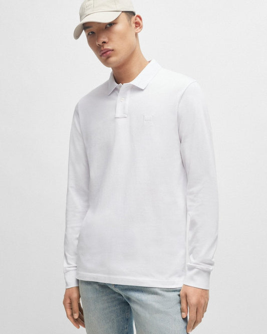 BOSS Orange Passerby Mens Long Sleeve Stretch-Cotton Polo Shirt with Logo Patch