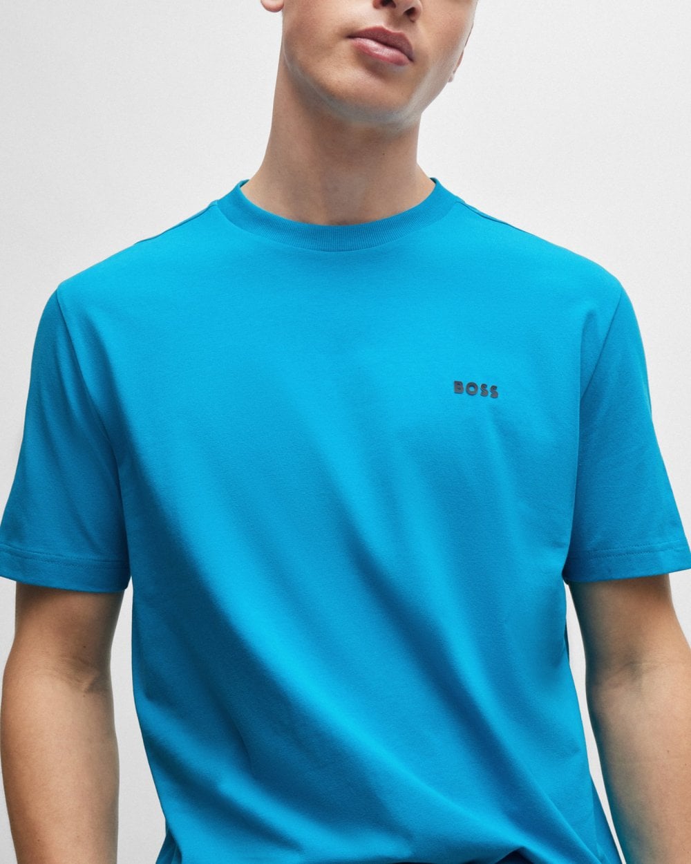 BOSS Green Tee Mens Stretch Cotton T-Shirt with Contrast Logo - Turquoise/Aqua 442