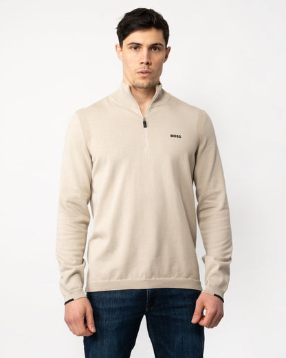 BOSS Green Ever-X Mens Cotton Blend Zip-Neck Sweater with Logo Print - Light Beige 271