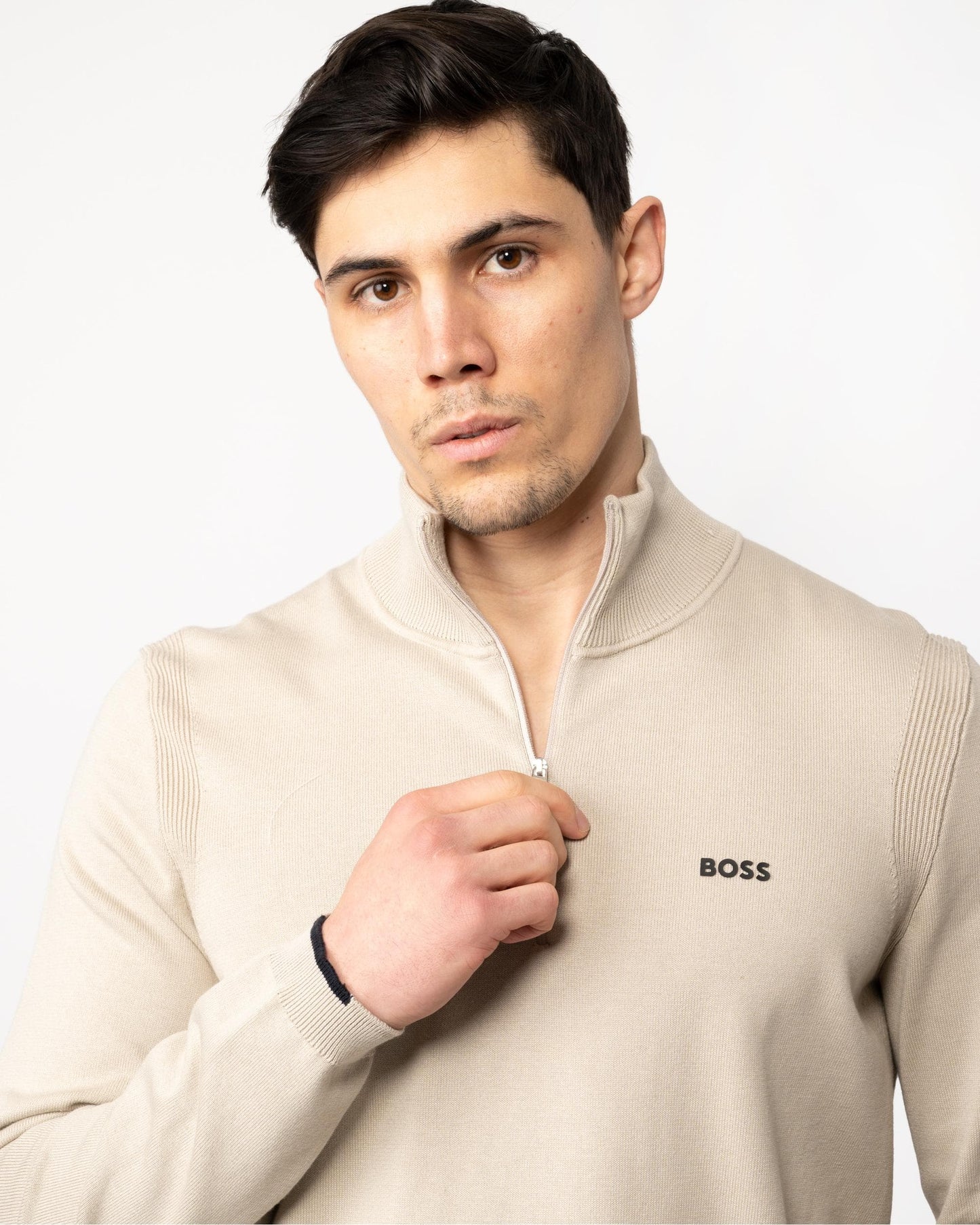BOSS Green Ever-X Mens Cotton Blend Zip-Neck Sweater with Logo Print - Light Beige 271