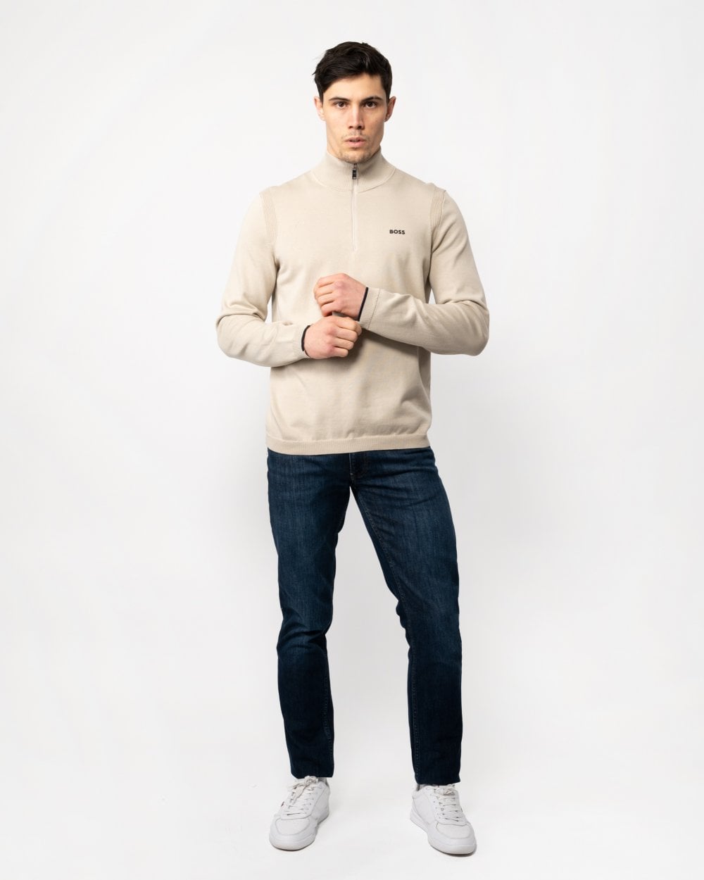 BOSS Green Ever-X Mens Cotton Blend Zip-Neck Sweater with Logo Print - Light Beige 271