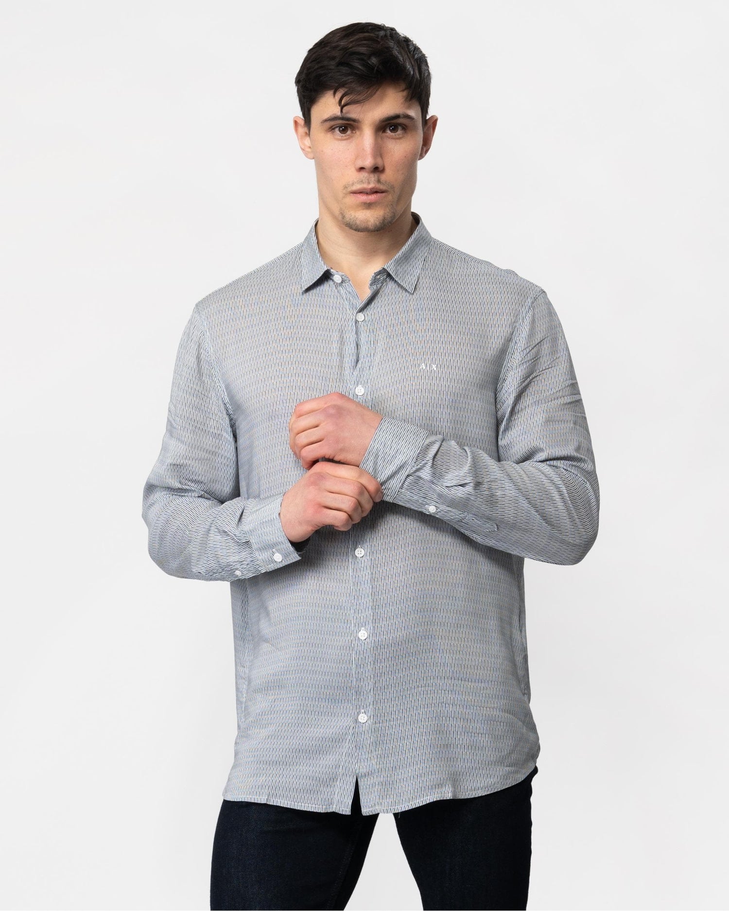 Armani Exchange Mens Long Sleeve Pattern Print Shirt - W/Quarry Irregular Lines 71BA - CHO - Designer Mens Long Sleeve Shirts