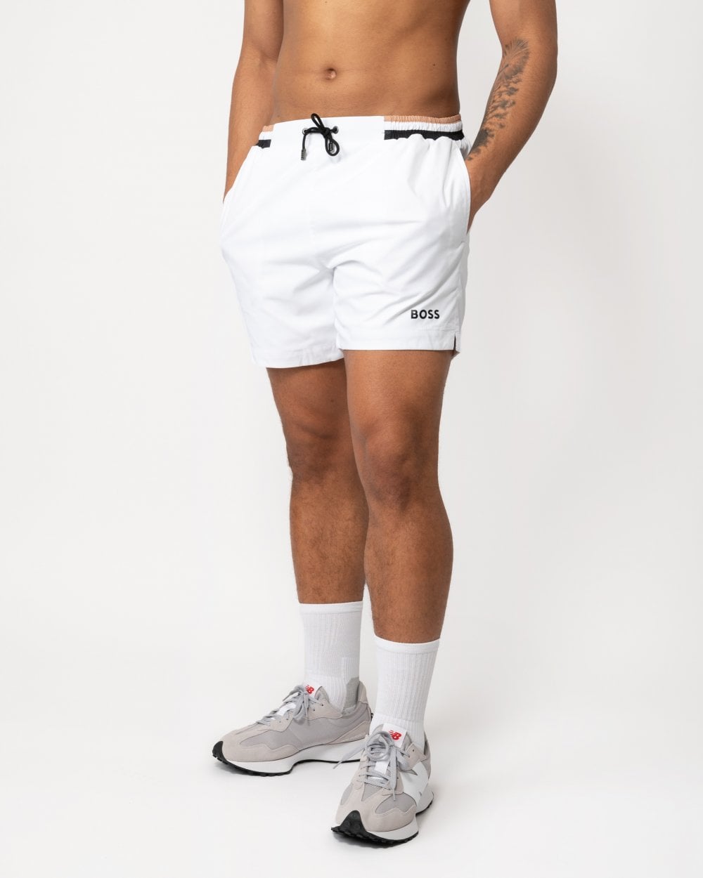 BOSS Orange Isle Mens Ripstop-Fabric Swim Shorts with Contrast Logo - White 100