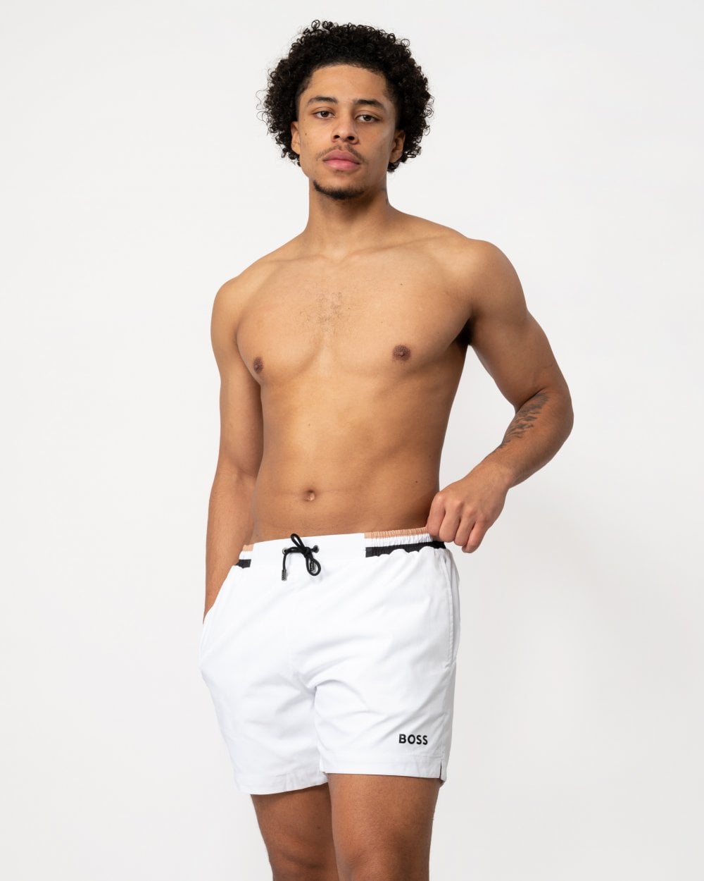 BOSS Orange Isle Mens Ripstop-Fabric Swim Shorts with Contrast Logo - White 100