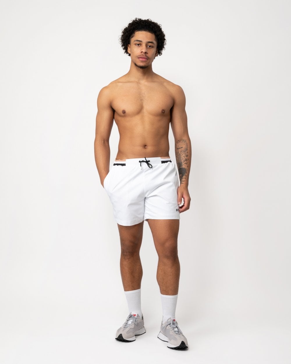 BOSS Orange Isle Mens Ripstop-Fabric Swim Shorts with Contrast Logo - White 100