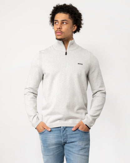 BOSS Green Ever-X Mens Cotton Blend Zip-Neck Sweater with Logo Print - Light/Pastel Grey 057