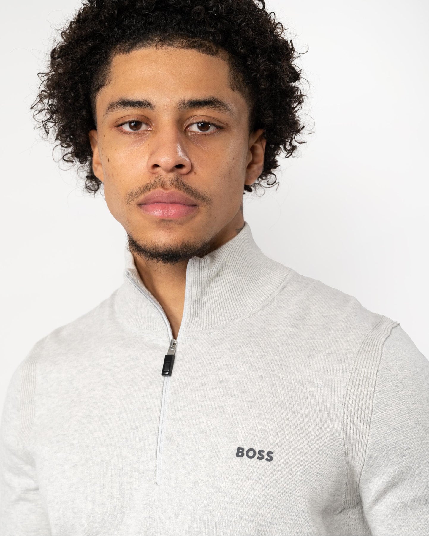BOSS Green Ever-X Mens Cotton Blend Zip-Neck Sweater with Logo Print - Light/Pastel Grey 057